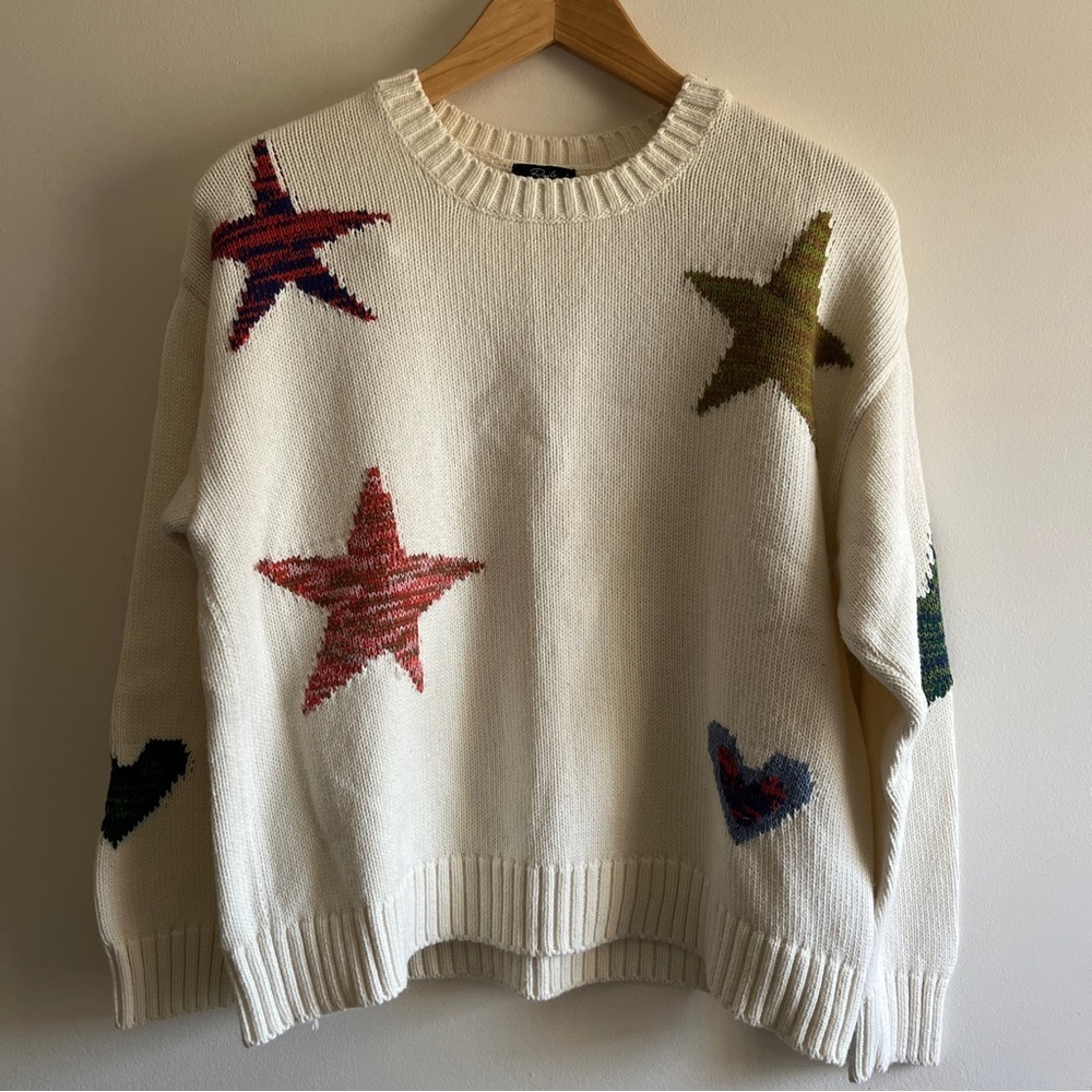 Rails Cream Crewneck Sweater with Multicolor Stars & Hearts